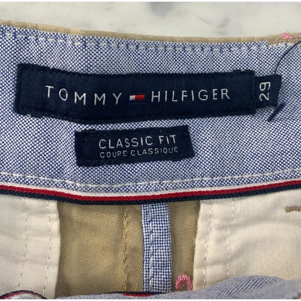 TOMMY HILFIGER Pink Flamingo Embroider Khaki Shorts Men 29 9.5
